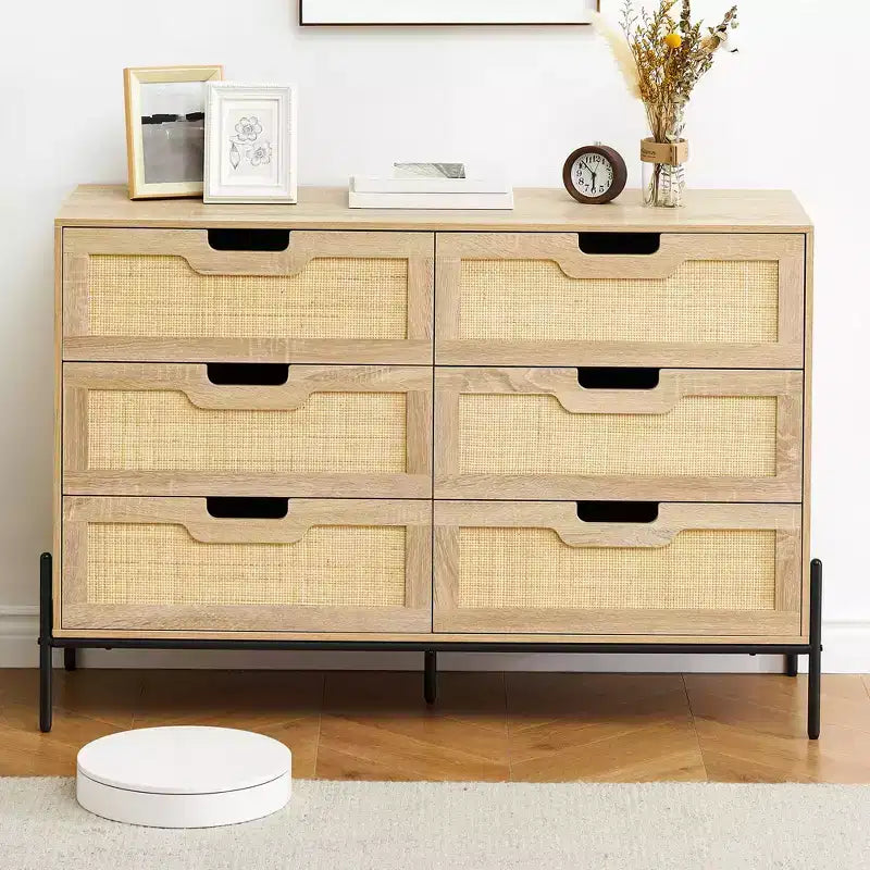 Cassettiera in rattan naturale a 6 cassetti, Cassettiera in legno, Armadietto contenitore rustico con gambe in metallo, Cassettiera moderna