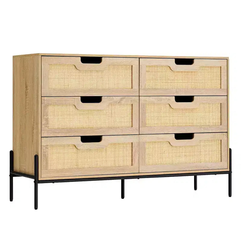 Cassettiera in rattan naturale a 6 cassetti, Cassettiera in legno, Armadietto contenitore rustico con gambe in metallo, Cassettiera moderna