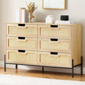 Natural Rattan 6 Drawer Dresser, Wooden Chest of Drawer, Farmhouse Storage Cabinet with Metal Legs, Modern Dresser