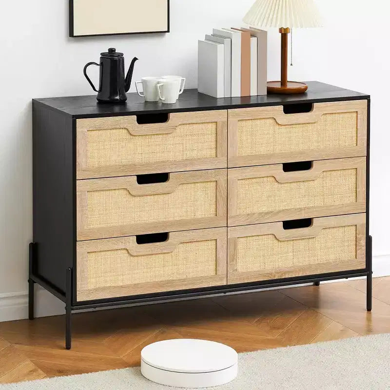 Cassettiera in rattan naturale a 6 cassetti, Cassettiera in legno, Armadietto contenitore rustico con gambe in metallo, Cassettiera moderna