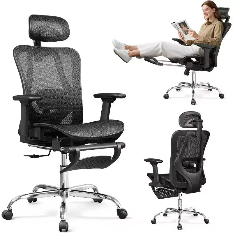 GALAXHERO Sedia da Ufficio Ergonomica in Rete, Sedia da Scrivania Reclinabile con Schienale Alto con Poggiapiedi Estraibile e Supporto Lombare Regolabile, Funzione Basculante, Nero