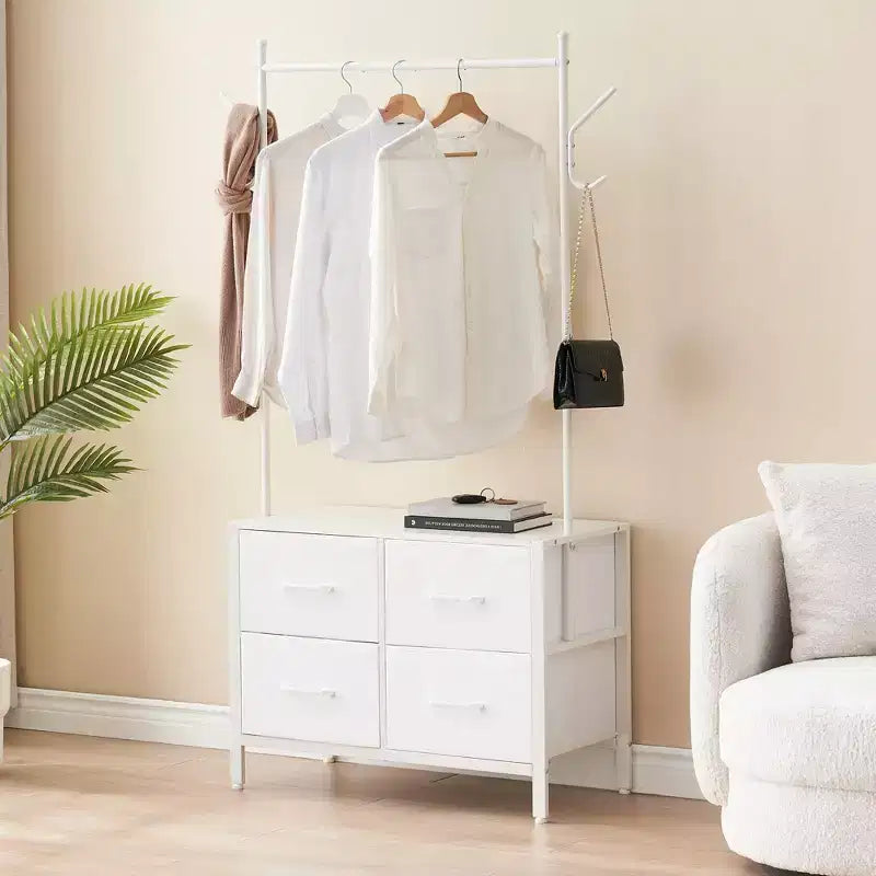 Appendiabiti Zstar con 4 cassetti, Organizer armadio autoportante, Cassettiera con struttura in acciaio e piano in legno