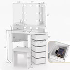 Makeup Vanity Desk - Vanity Desk Set with Lights & Power Outlet Corner Vanity Table with 5 Rotating Drawers 3 Lighting Mode