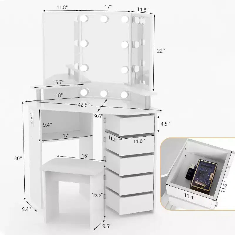 Makeup Vanity Desk - Vanity Desk Set with Lights & Power Outlet Corner Vanity Table with 5 Rotating Drawers 3 Lighting Mode