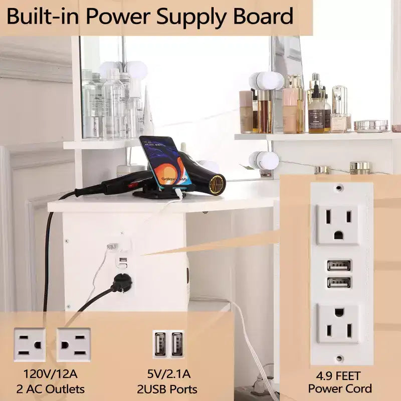 Makeup Vanity Desk - Vanity Desk Set with Lights & Power Outlet Corner Vanity Table with 5 Rotating Drawers 3 Lighting Mode
