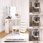 Makeup Vanity Desk - Vanity Desk Set with Lights & Power Outlet Corner Vanity Table with 5 Rotating Drawers 3 Lighting Mode