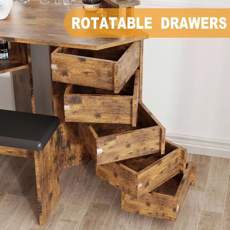 Makeup Vanity Desk - Vanity Desk Set with Lights & Power Outlet Corner Vanity Table with 5 Rotating Drawers 3 Lighting Mode
