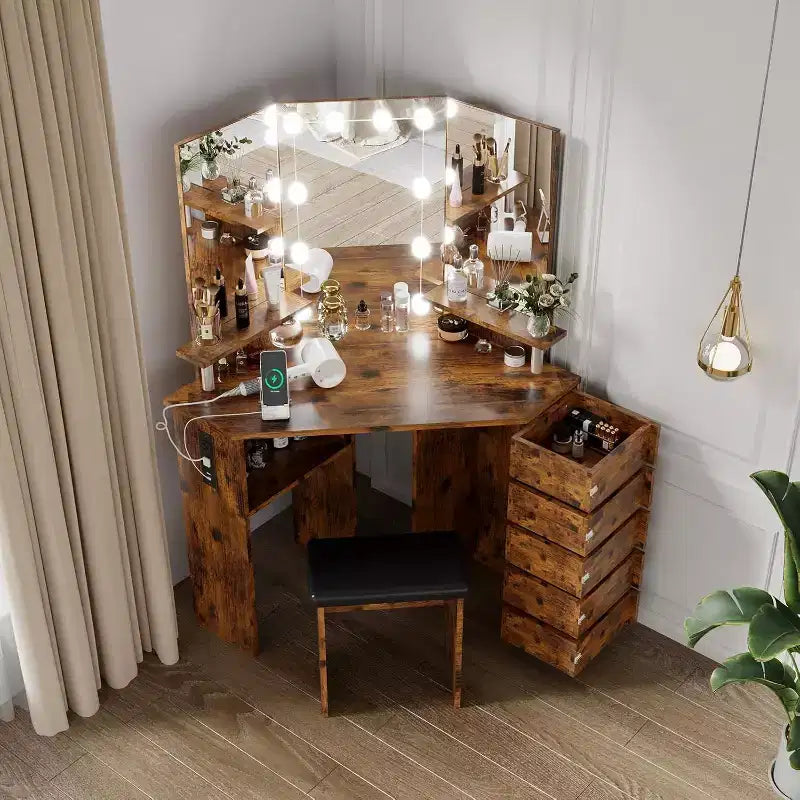 Makeup Vanity Desk - Vanity Desk Set with Lights & Power Outlet Corner Vanity Table with 5 Rotating Drawers 3 Lighting Mode