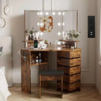 Makeup Vanity Desk - Vanity Desk Set with Lights & Power Outlet Corner Vanity Table with 5 Rotating Drawers 3 Lighting Mode