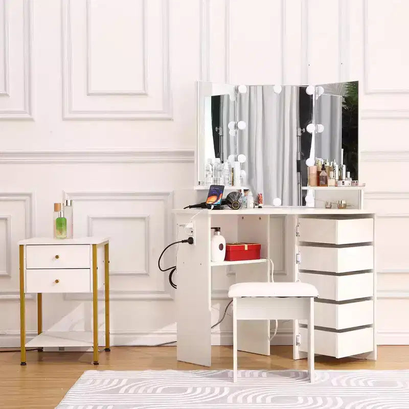 Makeup Vanity Desk - Vanity Desk Set with Lights & Power Outlet Corner Vanity Table with 5 Rotating Drawers 3 Lighting Mode