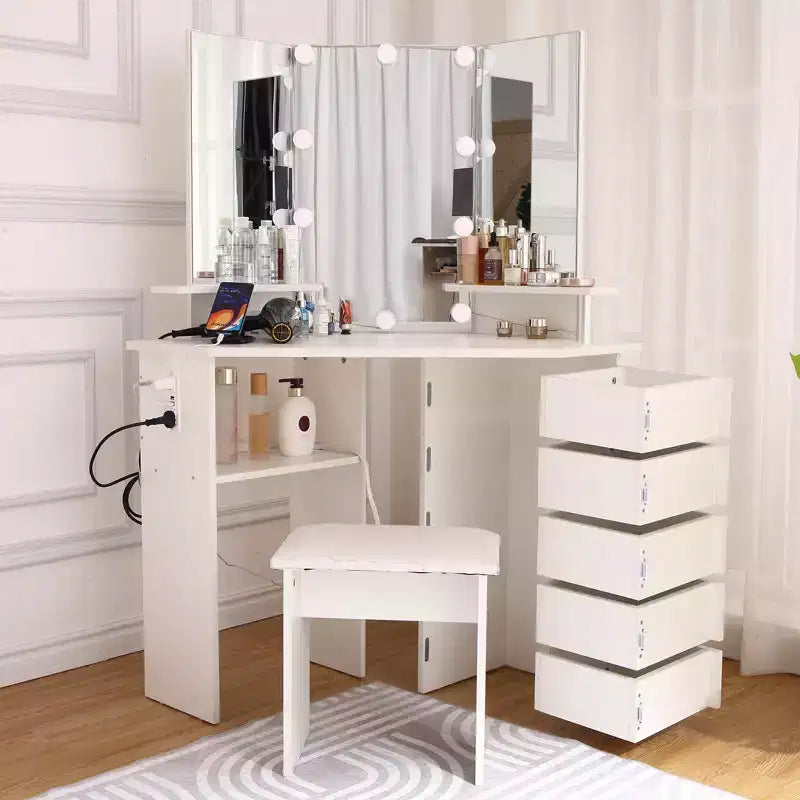 Makeup Vanity Desk - Vanity Desk Set with Lights & Power Outlet Corner Vanity Table with 5 Rotating Drawers 3 Lighting Mode