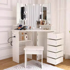 Makeup Vanity Desk - Vanity Desk Set with Lights & Power Outlet Corner Vanity Table with 5 Rotating Drawers 3 Lighting Mode