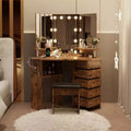 Makeup Vanity Desk - Vanity Desk Set with Lights & Power Outlet Corner Vanity Table with 5 Rotating Drawers 3 Lighting Mode