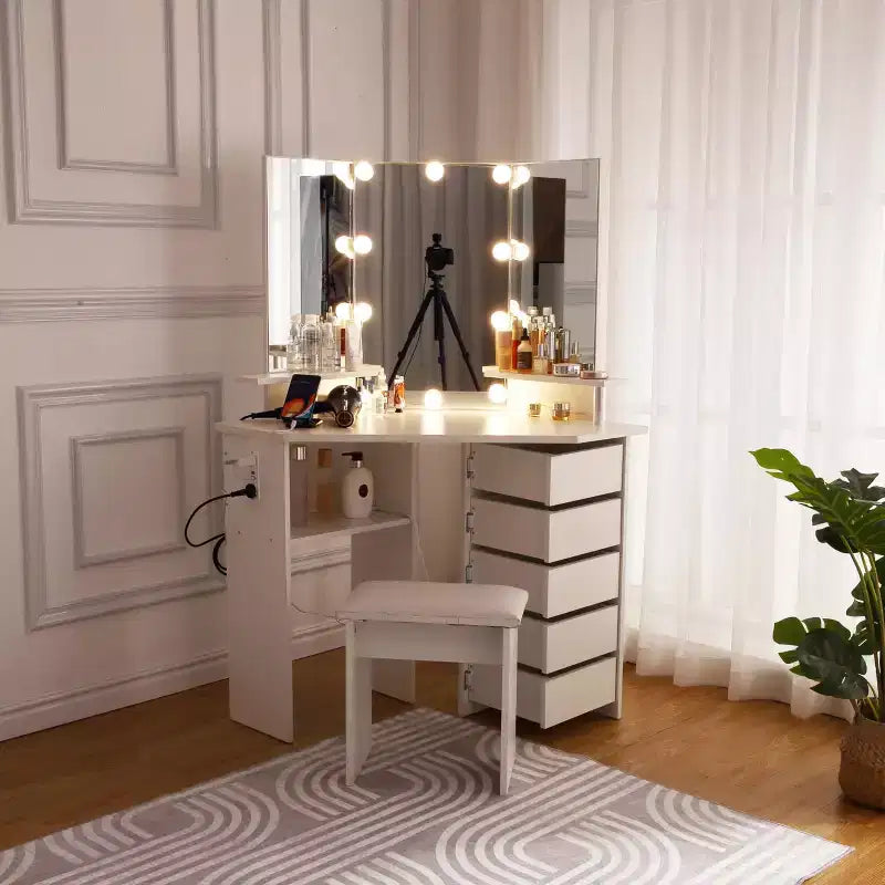 Toeletta da trucco - Set toeletta con luci e presa elettrica Tavolino da trucco angolare con 5 cassetti rotanti 3 modalità di illuminazione