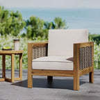 Poltroncine Okak da esterno con telaio in vimini, set da 1/3, poltrona club in acacia imbottita per cortile, patio e giardino, portata massima 180 kg