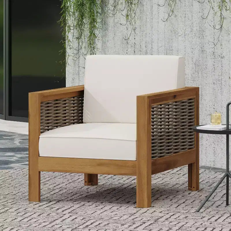 Poltroncine Okak da esterno con telaio in vimini, set da 1/3, poltrona club in acacia imbottita per cortile, patio e giardino, portata massima 180 kg