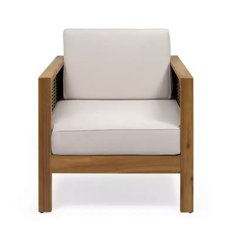 Poltroncine Okak da esterno con telaio in vimini, set da 1/3, poltrona club in acacia imbottita per cortile, patio e giardino, portata massima 180 kg