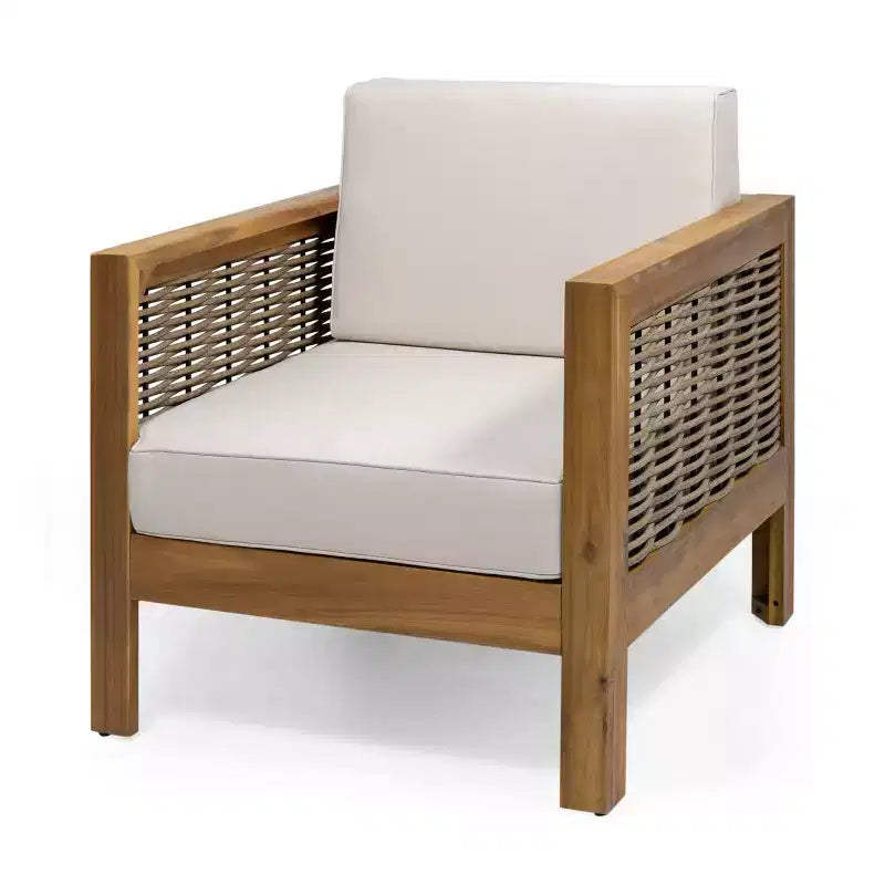 Poltroncine Okak da esterno con telaio in vimini, set da 1/3, poltrona club in acacia imbottita per cortile, patio e giardino, portata massima 180 kg