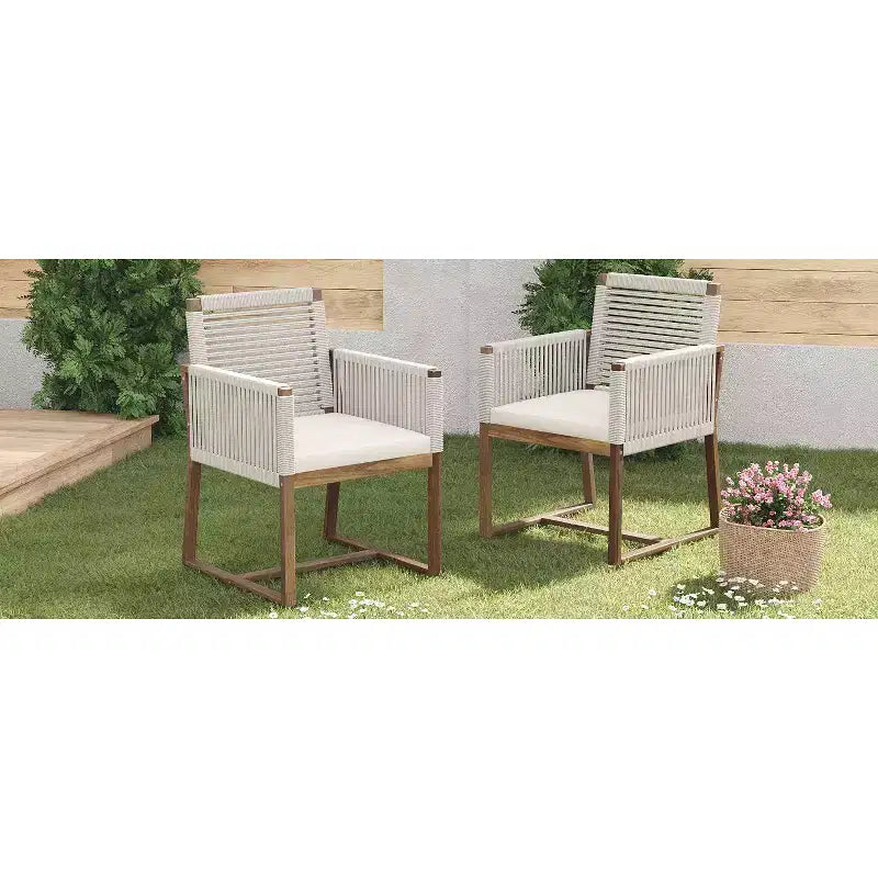 Okak Boho Sedie da esterno in acacia con corde intrecciate a mano, set da 2, poltrone da patio con cuscino lavabile per giardino, capacità massima 180 kg