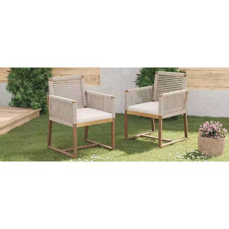 Okak Boho Sedie da esterno in acacia con corde intrecciate a mano, set da 2, poltrone da patio con cuscino lavabile per giardino, capacità massima 180 kg