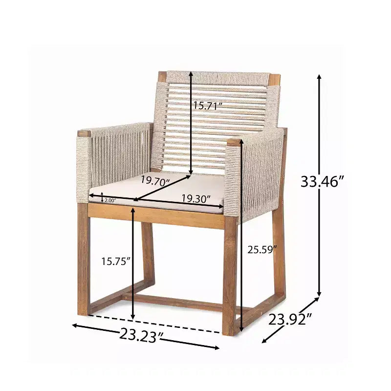 Okak Boho Sedie da esterno in acacia con corde intrecciate a mano, set da 2, poltrone da patio con cuscino lavabile per giardino, capacità massima 180 kg