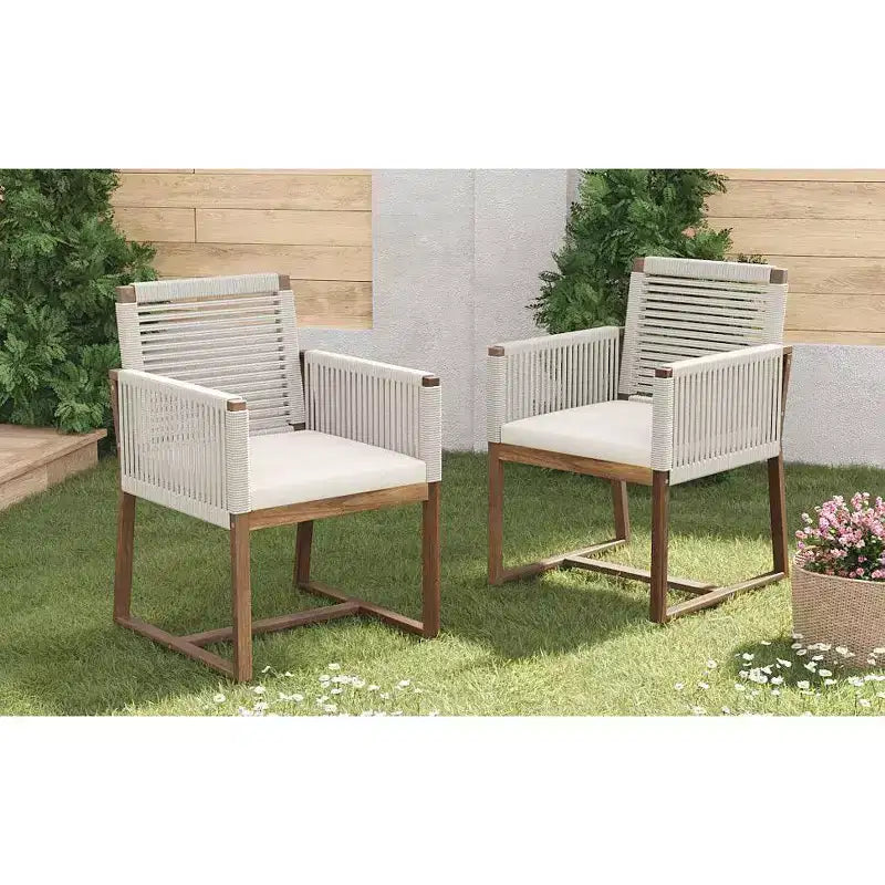 Okak Boho Sedie da esterno in acacia con corde intrecciate a mano, set da 2, poltrone da patio con cuscino lavabile per giardino, capacità massima 180 kg