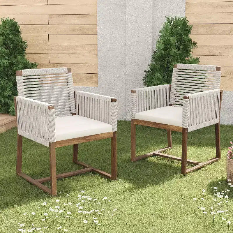 Okak Boho Sedie da esterno in acacia con corde intrecciate a mano, set da 2, poltrone da patio con cuscino lavabile per giardino, capacità massima 180 kg