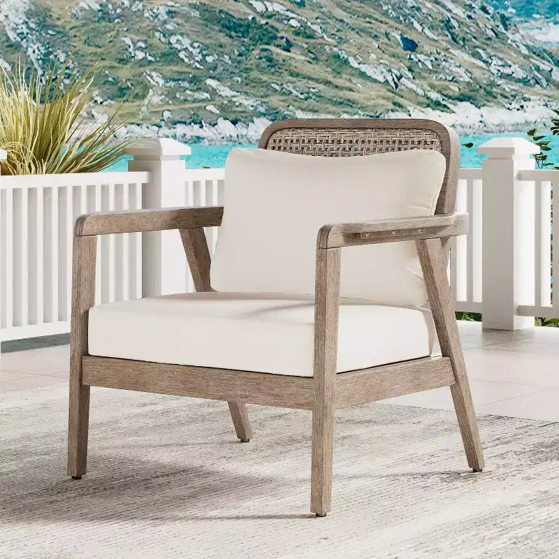 Poltrone da esterno Okak Boho Style Upholstered Club Chairs, set da 1/2, seduta da conversazione in acacia per patio, giardino e cortile, max 400 libbre