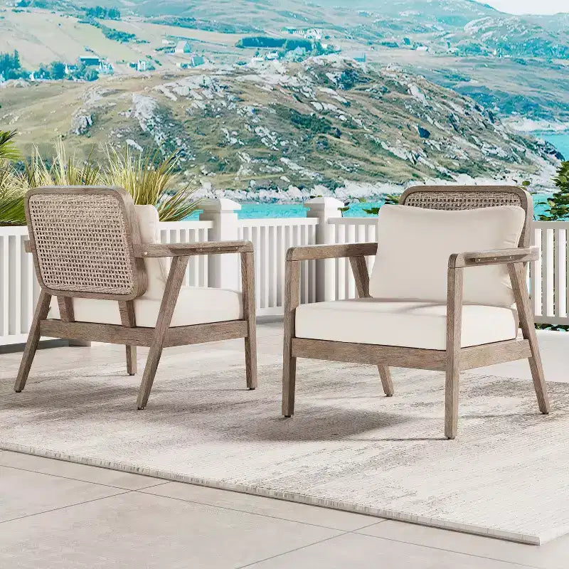 Poltrone da esterno Okak Boho Style Upholstered Club Chairs, set da 1/2, seduta da conversazione in acacia per patio, giardino e cortile, max 400 libbre