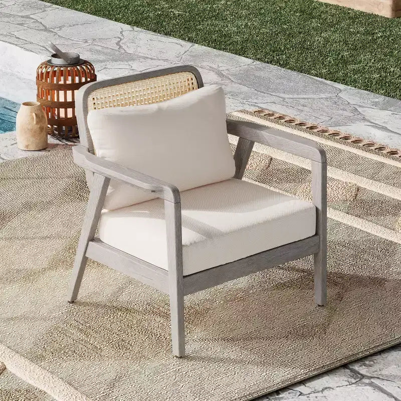 Poltrone da esterno Okak Boho Style Upholstered Club Chairs, set da 1/2, seduta da conversazione in acacia per patio, giardino e cortile, max 400 libbre
