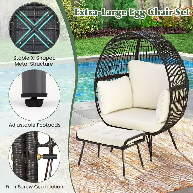 Costway Set di 2 Ceste da Salotto in Vimini da Giardino con Cuscini Morbidi, Poltrona a Uovo Oversize