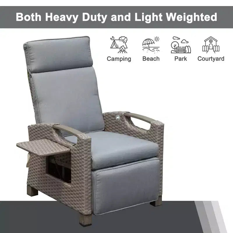 Okak 90-150 Patio Recliner Chair with Adjustable Footrest&Rattan Frame,Outdoor Lounge Chair Accent Chair with Side Table,350lbs Max