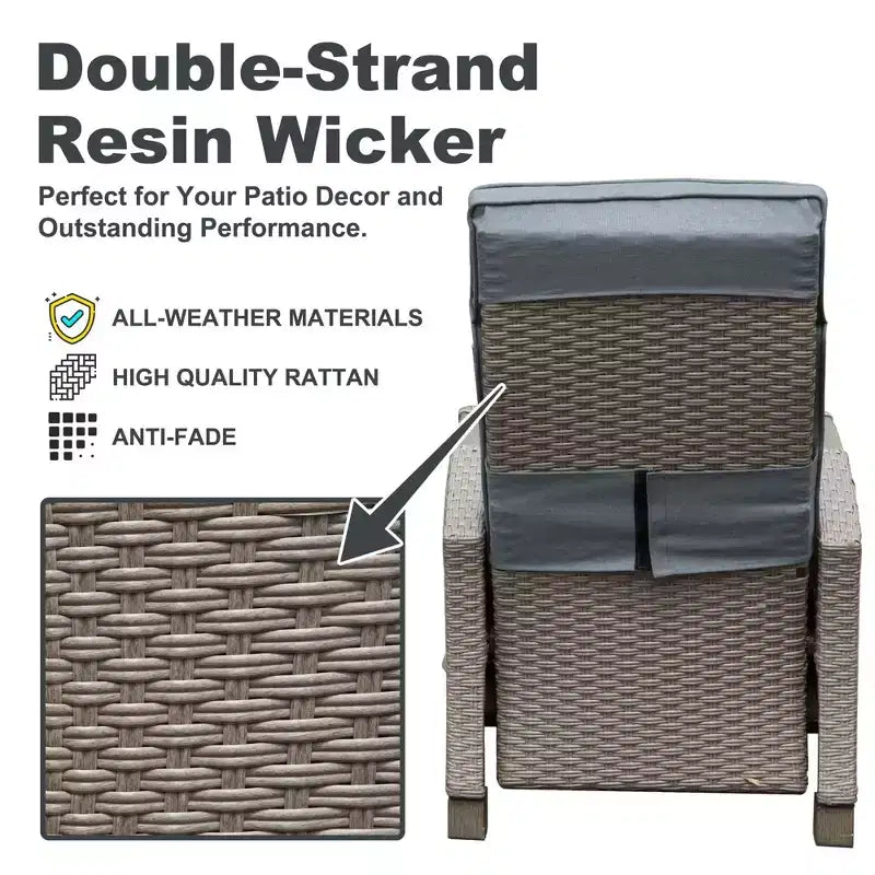 Okak 90-150 Patio Recliner Chair with Adjustable Footrest&Rattan Frame,Outdoor Lounge Chair Accent Chair with Side Table,350lbs Max