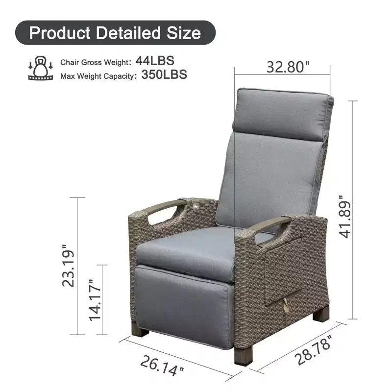 Okak 90-150 Patio Recliner Chair with Adjustable Footrest&Rattan Frame,Outdoor Lounge Chair Accent Chair with Side Table,350lbs Max
