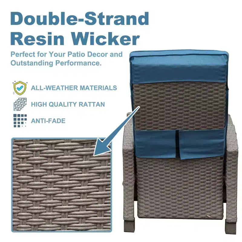 Okak 90-150 Patio Recliner Chair with Adjustable Footrest&Rattan Frame,Outdoor Lounge Chair Accent Chair with Side Table,350lbs Max