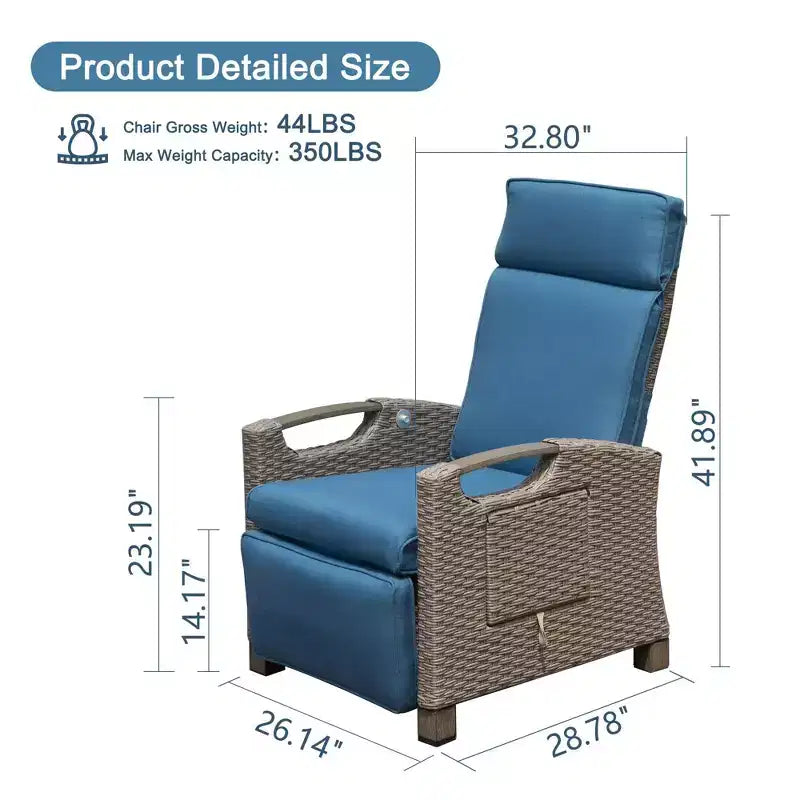 Okak 90-150 Patio Recliner Chair with Adjustable Footrest&Rattan Frame,Outdoor Lounge Chair Accent Chair with Side Table,350lbs Max