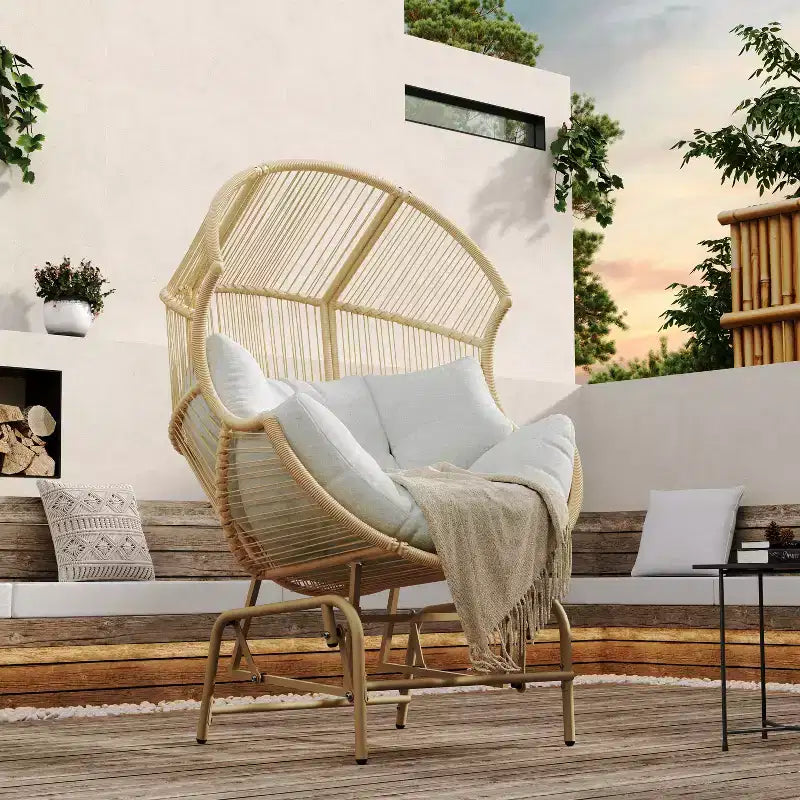 Okak 20 Sedia a Uovo da Patio in Rattan PE con Funzione Dondolo, Poltrona Accent Oversize per Portico, Giardino e Cortile, Sedia Lounge Moderna e Rustica