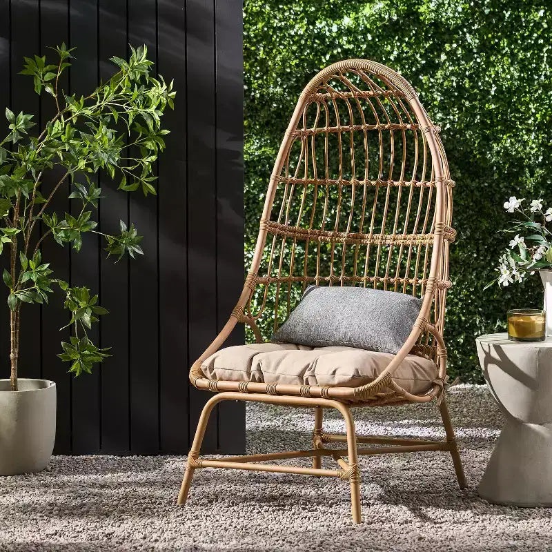 Okak 16 Sedia a uovo da patio in vimini di rattan PE, sedia accentuata di grandi dimensioni per portico, giardino e cortile, sedia lounge moderna e rustica