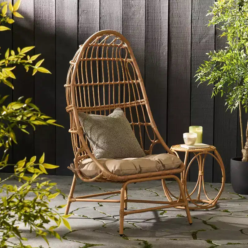 Okak 16 Sedia a uovo da patio in vimini di rattan PE, sedia accentuata di grandi dimensioni per portico, giardino e cortile, sedia lounge moderna e rustica