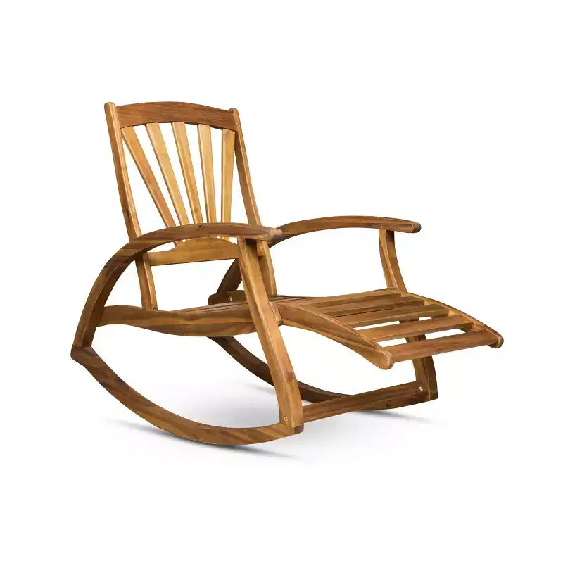 Okak Sedia reclinabile elegante Boho Sedia a dondolo in acacia con poggiapiedi retrattile per giardino, portico e cortile, sedia per il tempo libero all'aperto