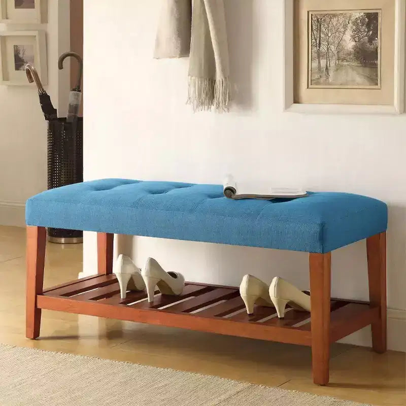Panca Pouf Moderno a 2 Livelli con Bottoni Trapuntati Okak, Panca Porta Scarpe con Ripiano Aperto, Panca Contenitore Imbottita per Ingresso, Soggiorno