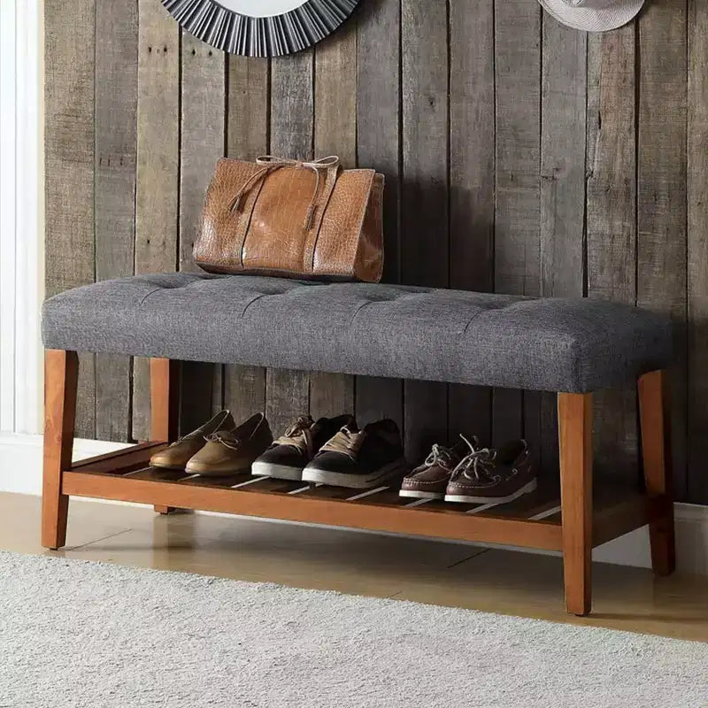 Panca Pouf Moderno a 2 Livelli con Bottoni Trapuntati Okak, Panca Porta Scarpe con Ripiano Aperto, Panca Contenitore Imbottita per Ingresso, Soggiorno