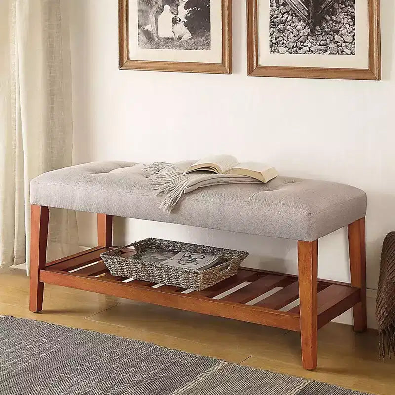 Panca Pouf Moderno a 2 Livelli con Bottoni Trapuntati Okak, Panca Porta Scarpe con Ripiano Aperto, Panca Contenitore Imbottita per Ingresso, Soggiorno