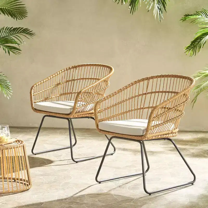 Okak 16 Boho Industrial Patio Accent Chairs Club Chairs with Cushion,Set of 2,Outdoor Wicker Rattan Dining Chairs,Modern Patio Furniture Seating