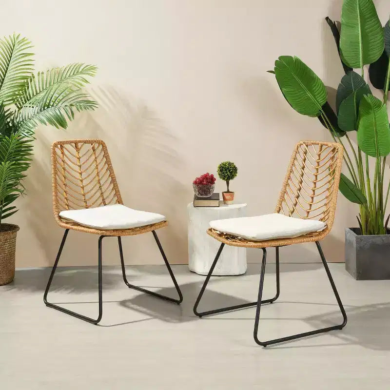 Okak 17.5 sedie a sdraio Boho Industrial da patio con cuscino, set di 2, sedie da pranzo in rattan da esterno, mobili da esterno
