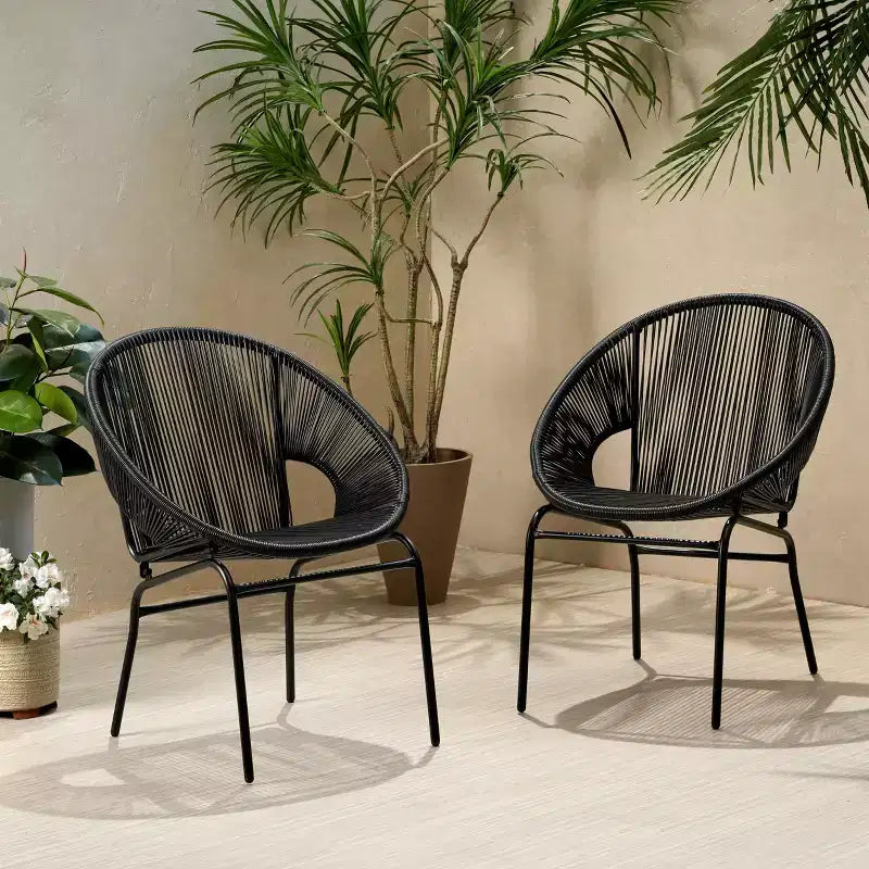 Okak Rustic Industrial Patio Accent Chairs Egg Club Chairs,Set of 2,Outdoor Wicker PE Rattan&Iron Dining Chairs,Patio Furniture Seating