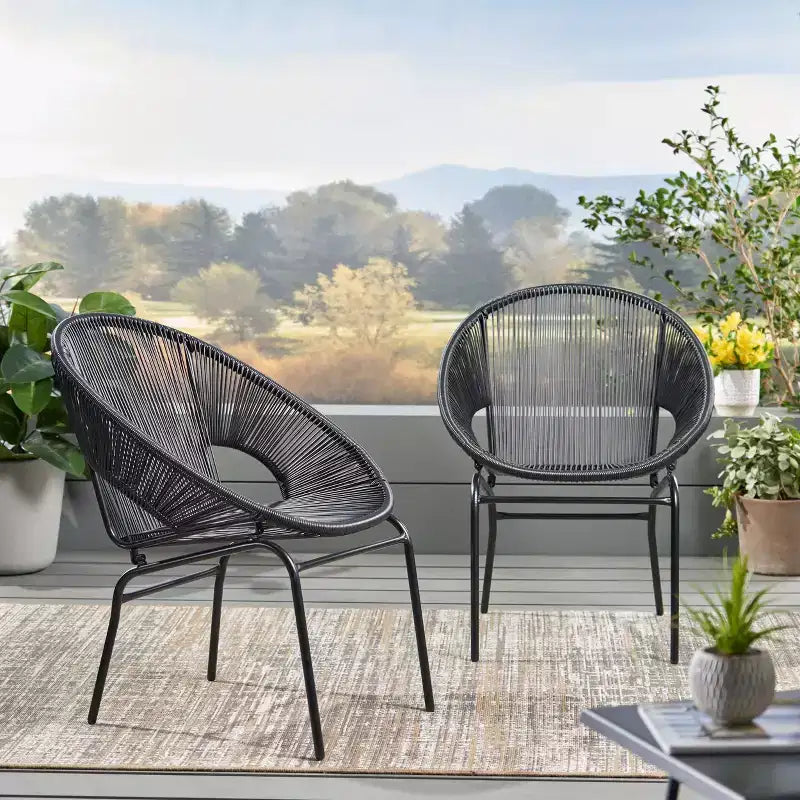 Okak Rustic Industrial Patio Accent Chairs Egg Club Chairs,Set of 2,Outdoor Wicker PE Rattan&Iron Dining Chairs,Patio Furniture Seating