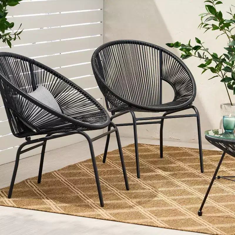 Okak Rustic Industrial Patio Accent Chairs Egg Club Chairs,Set of 2,Outdoor Wicker PE Rattan&Iron Dining Chairs,Patio Furniture Seating