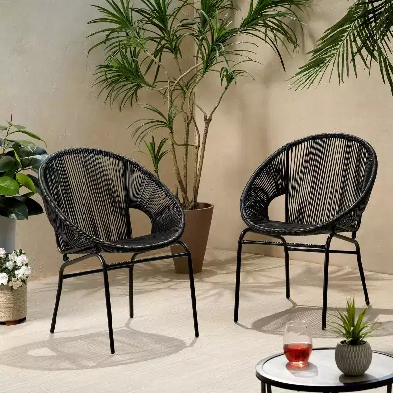 Okak Rustic Industrial Patio Accent Chairs Egg Club Chairs,Set of 2,Outdoor Wicker PE Rattan&Iron Dining Chairs,Patio Furniture Seating