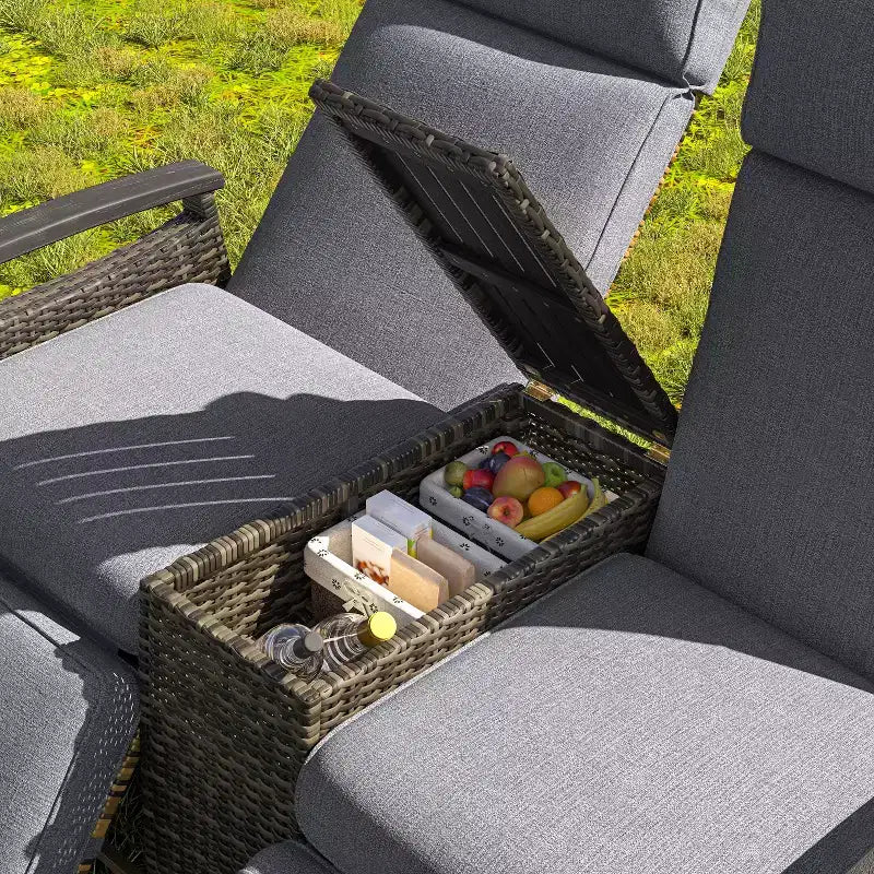 Okak 80-145 Divanetto Reclinabile da Patio con Tavolino Contenitore Incorporato, Schienale Alto e Poggiapiedi Regolabile, Sedia a Sdraio da Esterno per Portico e Giardino